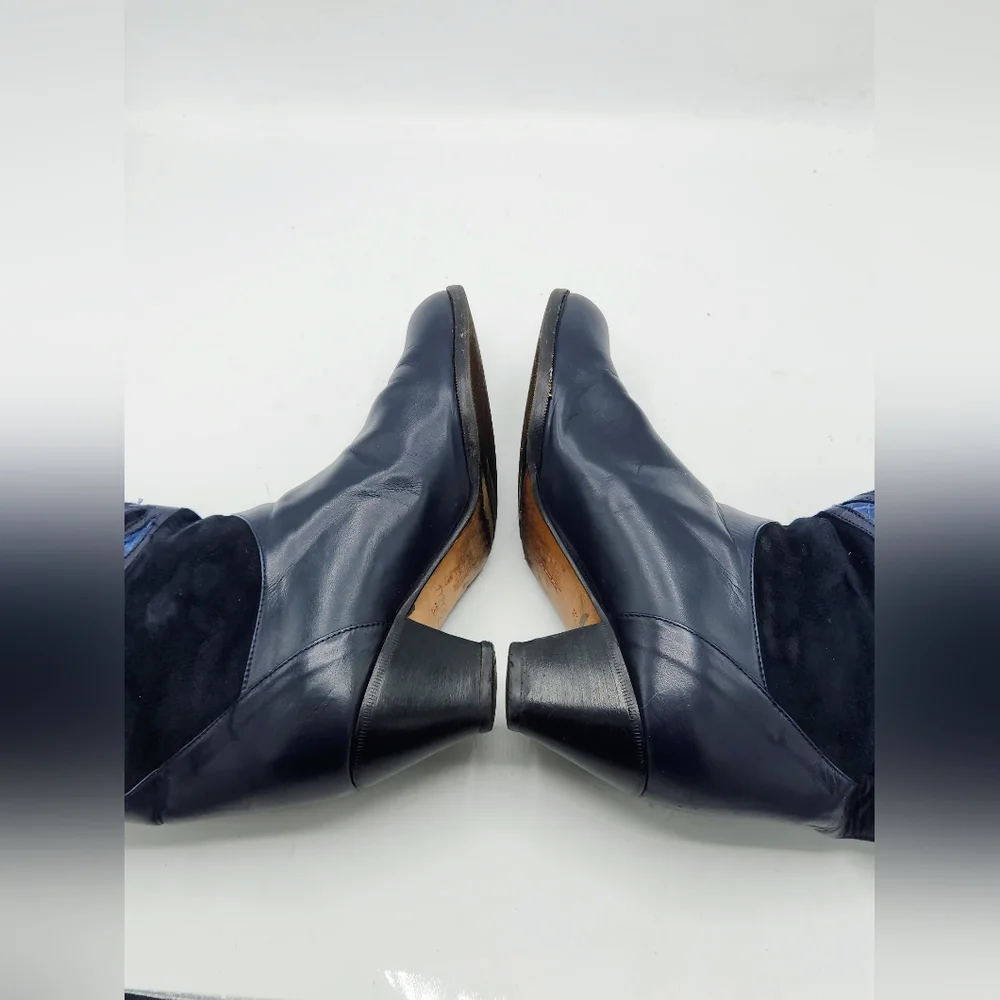 Brunella Italy Vintage Navy Leather & Suede Tall Western Boots Size US 8.5 - 9